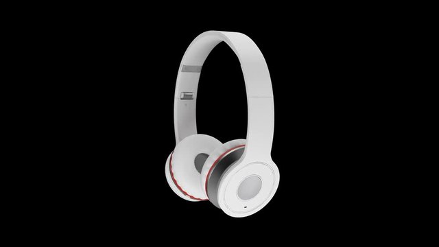 White wireless headphones isolated on transparent background 3d illustration render 360 degrees looped rotation with alpha channel PNG codec.