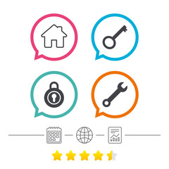 Home key icon. Wrench service tool symbol.