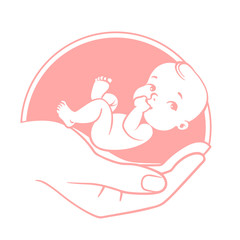 Baby care and health logo& Symbol of nursing, in vitro fertilization, childbearing, pregnancy. Mother's hands holding newborn. Concept of medicine help. Embryo in parents' hands.