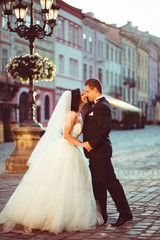 Fototapeta premium The charming brides embracing in the center of square