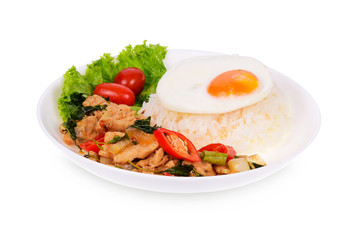 Thai Food, Steamed rice topped with fried egg, Stir-fried pork and hot basil in white plate isolated on white background.