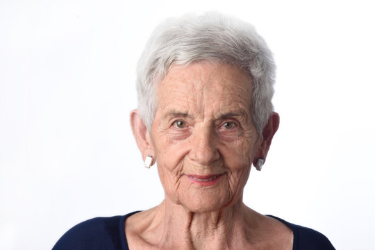 Portrait Of Old Woman On A White Background Stock Photo, Picture