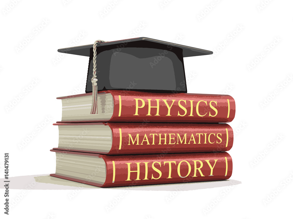 Poster graduation cap and stack of textbooks. image with clipping path