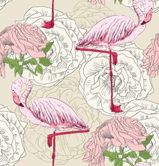 Obraz premium Vector sketch of a flamingo with roses. Hand drawn illustration