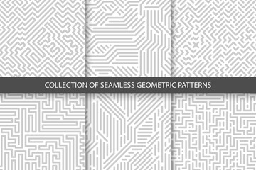 Collection of striped seamless geometric patterns. Gray and white texture.