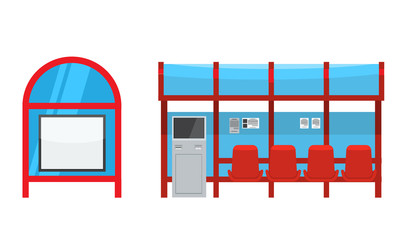 Bus stop with seats and payment kiosk. Front and side view.