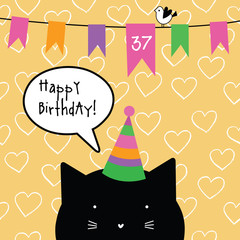 Happy birthday card with cat character. Greeting card. Design element.