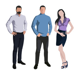 Two men and one woman standing. People at work. Vector characters