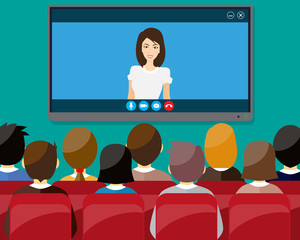 Video conference concept. Room with chairs and crowd, big digital screen. Director communicates with staff . Online meeting, video call, webinar or training. illustration in flat style