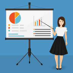 Businesswoman making presentation explaining charts on a white board. Flat style vector illustration