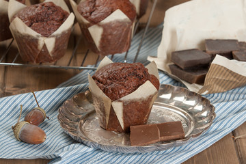Homebaked Chocolate Muffins In Paper Cases.