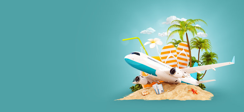 airplane and tropical palm on a paradise island