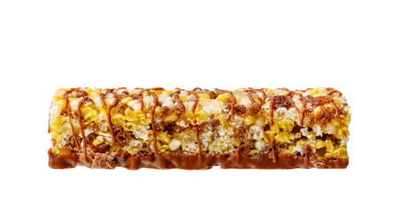 A bar of muesli with chocolate and pieces of fruit is isolated on white background. Front view