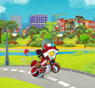 Cartoon stage with emergency vehicle - fire fighter motorbike - colorful and cheerful scene - illustration for children