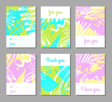Collection of creative universal artistic cards. Hand drawn abstract  textures. Trendy graphic design for banner, poster, card, cover, invitation, placard, brochure, flyer. Vector illustration