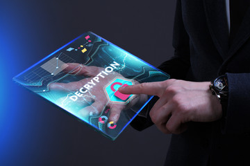 Business, Technology, Internet and network concept. Young businessman working on a virtual screen of the future and sees the inscription: Decryption