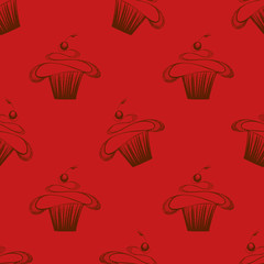 Cream cupcake pattern on red background