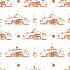 Happy Birthday to you with cake, cherries and strawberries pattern in sketch style