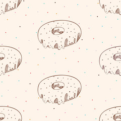 Pattern with colorful tasty glossy donuts on cream background.