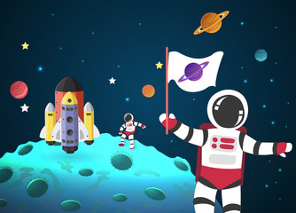 Naklejka premium Astronaut cartoon on the moon with a spaceship in space,vector