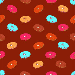 Pattern with donut. Set hand drawn donut with colorful splashes. Donut with cream and berries.