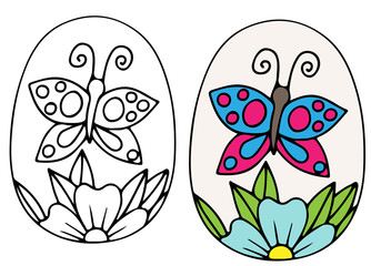 Hand drawn Easter egg vector with blue flower and butterfly