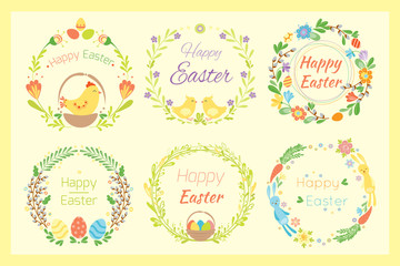 Happy easter hand drawn badge with hand lettering greeting decoration element and natural wreath handmade style vintage symbol spring flower vector illustration.