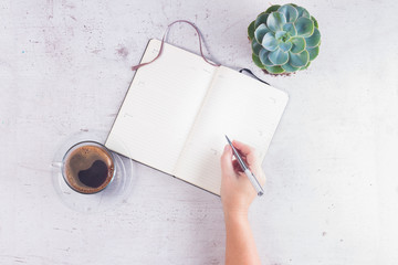 Open empty notebook on white wooden table with cup of coffee, succulent flower and someones hand with pen