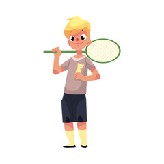 Teenage Caucasian boy halding badminton racket and birdie, cartoon vector illustration isolated on white background. Boy with badminton racket, summer activity, having fun at the playground