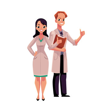 Male and female doctors in white medical coats showing, giving thumb up, cartoon vector illustration isolated on white background. Full length portrait of two doctors showing thumb up, okay sign