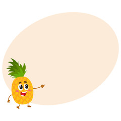 Cute and funny pineapple character with happy face pointing to the left, cartoon vector illustration with place for text. Funny pineapple character, mascot pointing to something