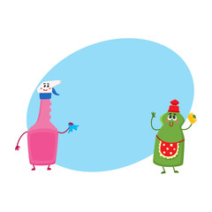 Funny dish and window washing, liquid detergent characters with smiling human faces, cartoon vector illustration with place for text. Dish and window washing detergent bottle characters