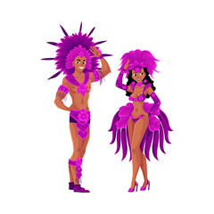 Man and woman dressed for Brazilian carnival in Rio de Janeiro, samba dancers in feather suits, cartoon vector illustration isolated on white background. Brazilian couple in carnival feather suits
