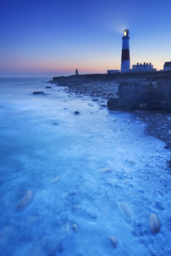 The Portland Bill Lighthouse in Dorset, England at night