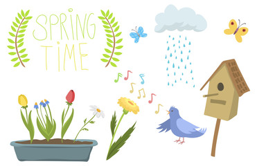 Spring natural floral symbols with blossom gardening tools beauty design and nature grass season branch springtime hand drawn elements vector illustration.