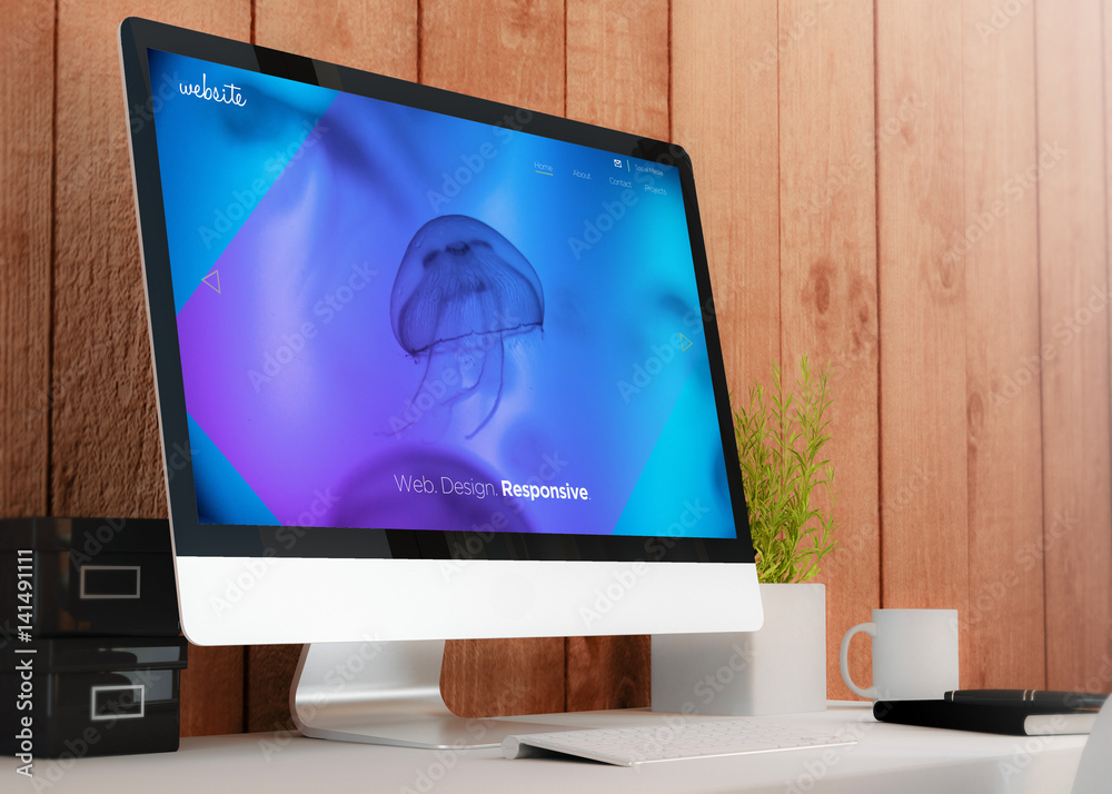 Poster modern workspace with computer website design