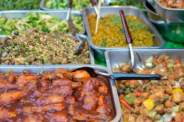 Street food market stalls near Central World mall in Bangkok, Thailand