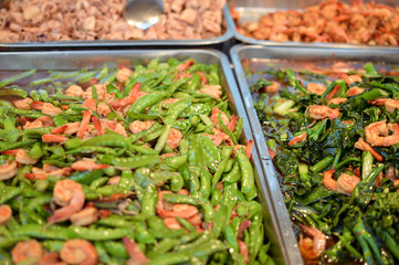 Street food market stalls near Central World mall in Bangkok, Thailand