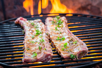 Hot ribs on grill with thyme and spices