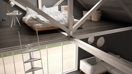 Mezzanine loft bedroom, stairs and living with sofa, minimalist scandinavian interior design - obrazy, fototapety, plakaty