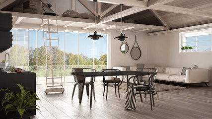 Minimalist mezzanine loft, kitchen, living and bedroom, wooden roofing and parquet floor, scandinavian classic interior design with garden panorama