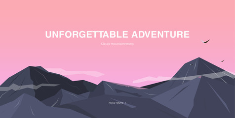 Horizontal background with mountains. Mountaineering colorful illustration, concept with place for text. Banner in cartoon, flat style.
