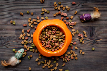 dry cat food in bowl on wooden background top view