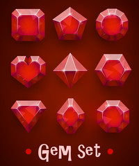 Set of realistic red gems of various shapes. Ruby collection. Elements for mobile games or decoration.
