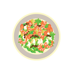 vegetable with prawn, sausage, mushroom on plate with white background. vector illustration