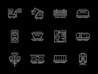 Flat white line vector icons set for railroad