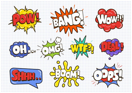 Comic sound speech effect bubbles set isolated on white backgrou