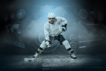 Naklejka premium Ice hockey player on the ice around modern light