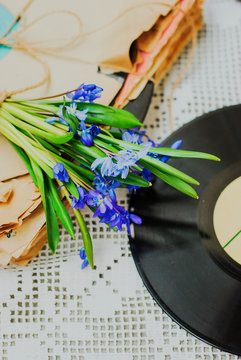 Old vinyl record and early spring flowers (scilla siberica)on white background. The concept of the memories of the past.