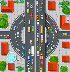 Top view of city map. Crossroads of urban streets with traffic automobile and a lot of cars with traffic jam congestion